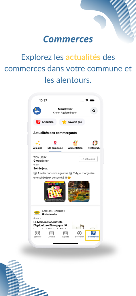 IntraMuros: Info du territoire - IntraMuros app interface displaying local business news and community events
