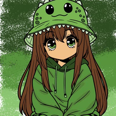 girl with anime shaped eyes with a dinosaur bucket hat oversized sweatshirt long straight hair
