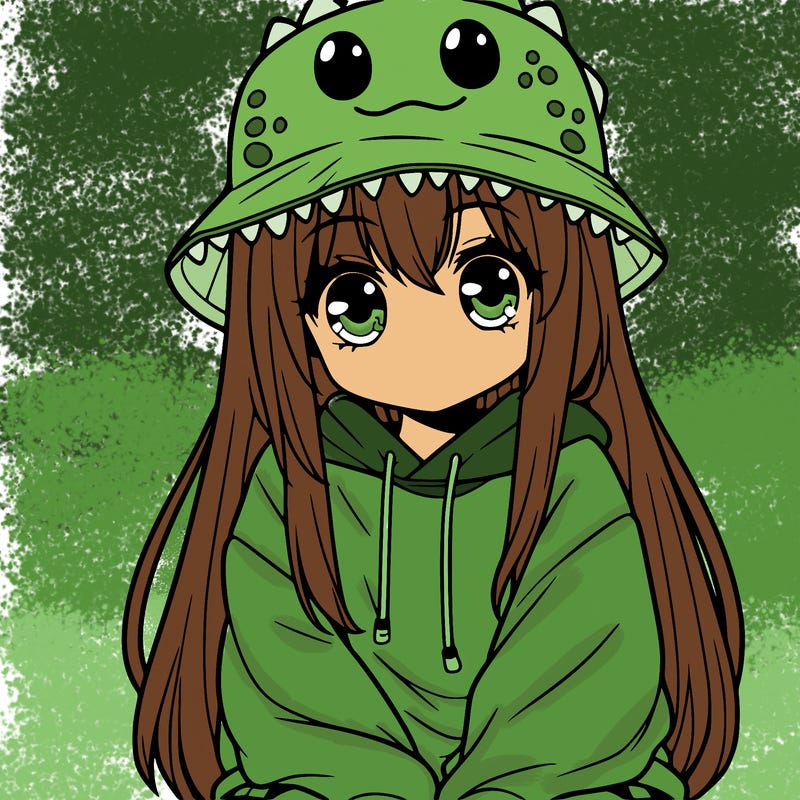 girl with anime shaped eyes with a dinosaur bucket hat oversized sweatshirt long straight hair