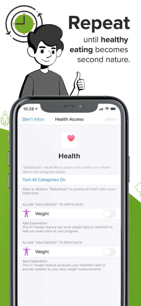 Dr. Greger’s Daily Dozen - Daily Dozen app requesting permission to sync weight data with Apple Health.