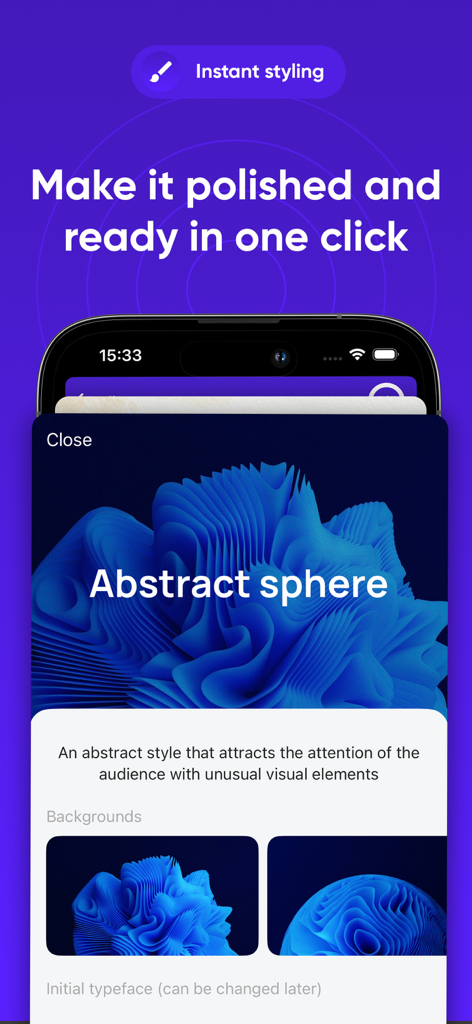 Slidey: Ai Presentation Slides - 抽象的な青いデザインでAI生成プレゼンテーションスライドのインスタントスタイリング機能を示すモバイルアプリインターフェース