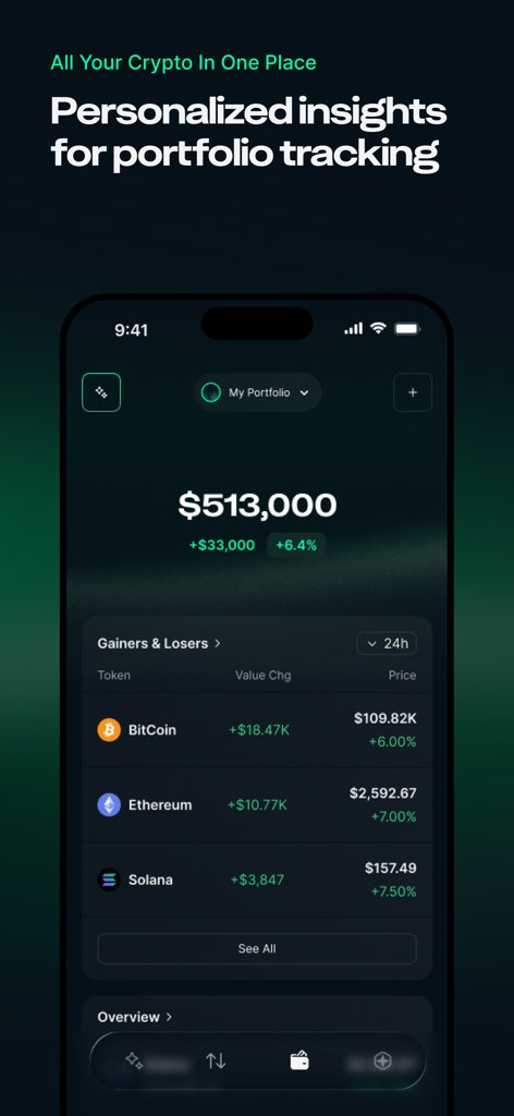 Interfaccia dell'app mobile Nansen AI che mostra una dashboard del portafoglio crypto con saldi di Bitcoin, Ethereum e Solana