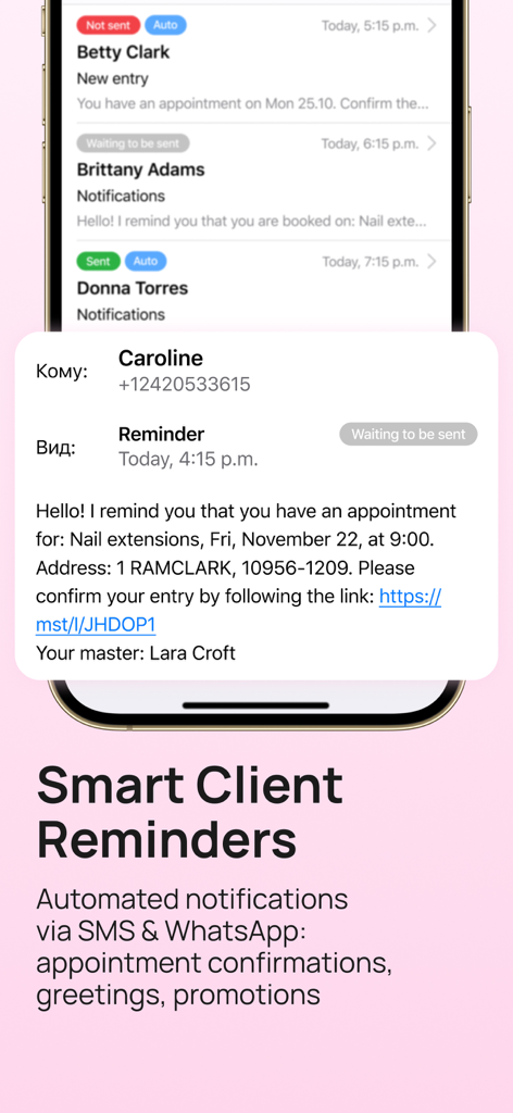 Rappels de rendez-vous automatisés par SMS et WhatsApp pour les professionnels de la beauté dans l'application Masters Pro