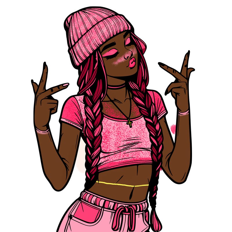 realistic teenage girl with braids and a beanie and crop top doing 🫶🏼