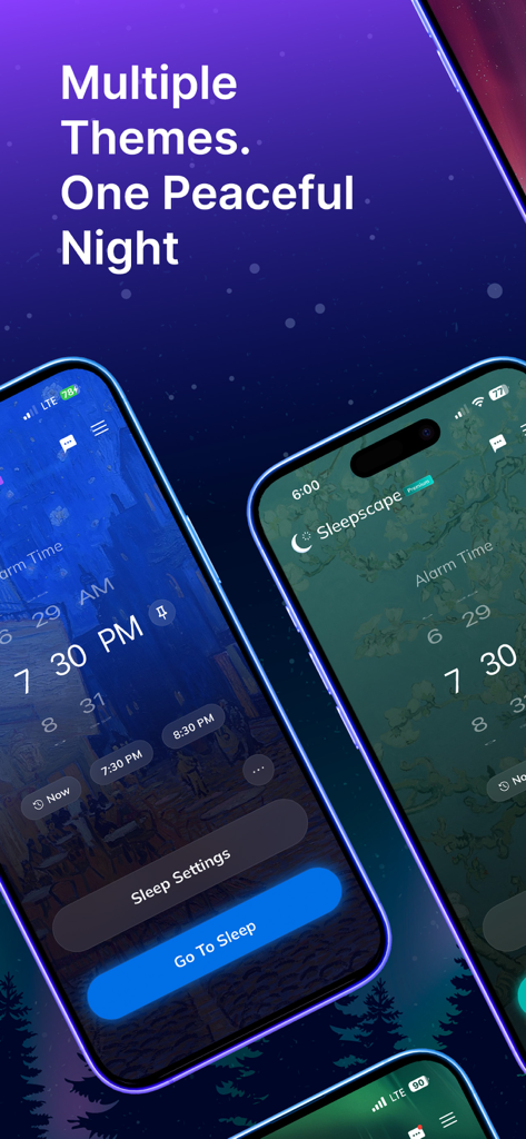 Sleepscape: Sleep Aid Alarm - 2台のiPhone。Sleepscapeアプリのさまざまな芸術的なテーマとアラーム設定を表示しています。