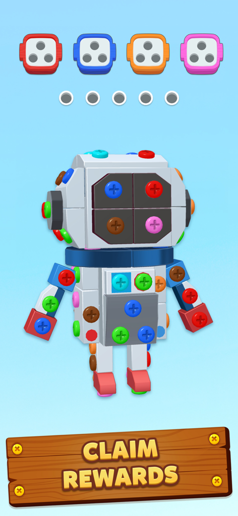 Modello 3D di astronauta coperto da viti colorate in un gioco puzzle di smistamento