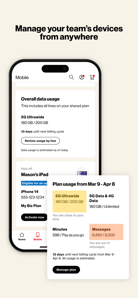 Schermata dell'app My Verizon For Business che mostra l'utilizzo dei dati 5G e la gestione dei dispositivi del team