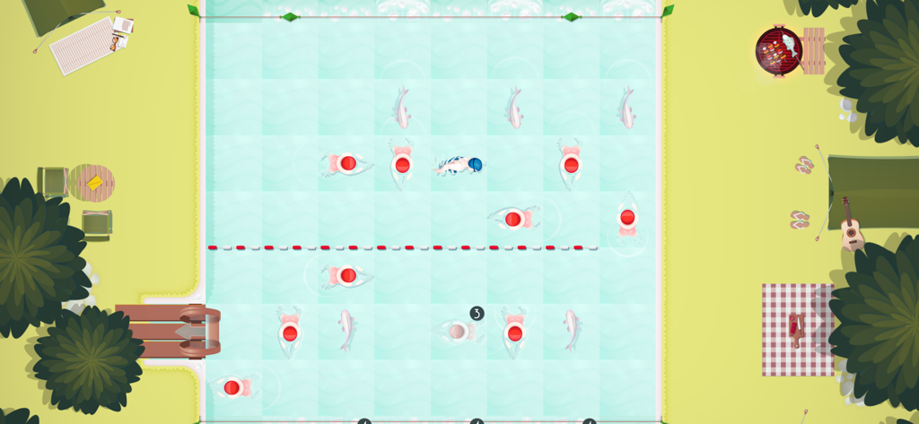 A minimalist top-down swimming pool puzzle with swimmers and campsite decor