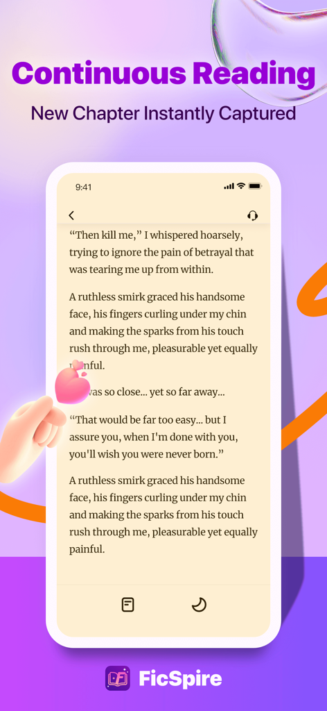 FicSpire - Web Novel & Stories - Um smartphone exibindo a interface de leitura do aplicativo FicSpire com texto destacando o recurso de leitura contínua.