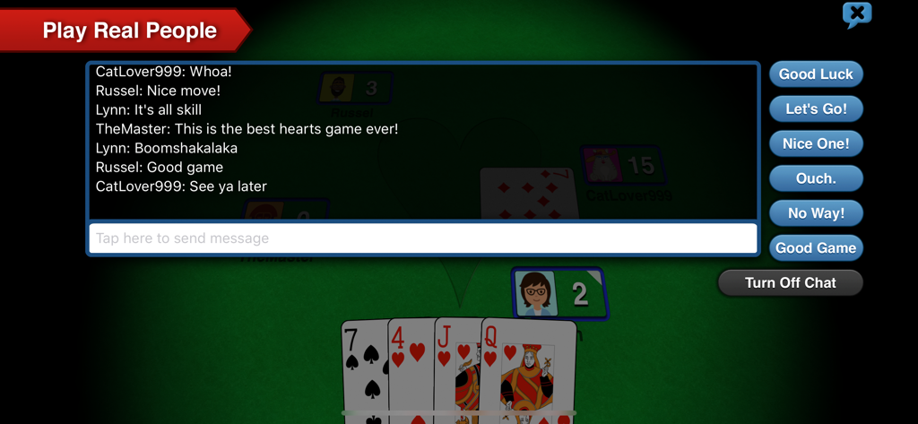 Hearts+ - Multiplayer chat interface in Hearts plus showing player messages and quick chat buttons
