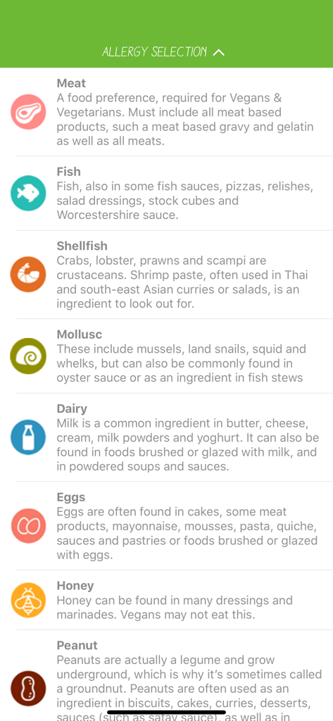 List of food allergens and dietary restrictions with icons in the Allergy Menu app