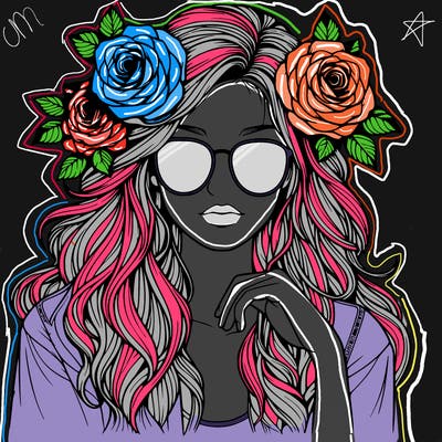 realistic girl with roses in hair and sunglasses