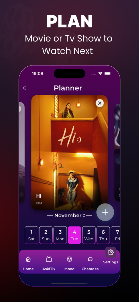 Buz Pro : TV Shows & Movies - Captura de pantalla de la aplicación Buz Pro que muestra la función Movie Planner con una vista de calendario y una tarjeta de película programada.