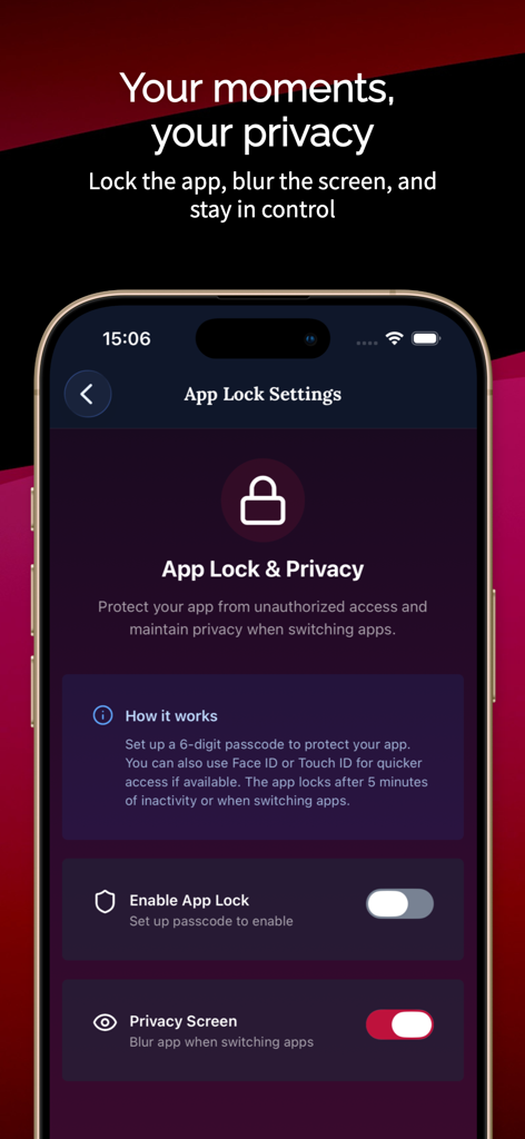 Foreplay: Couples Games - Foreplay app interface showing privacy protection features including app lock and screen blur settings