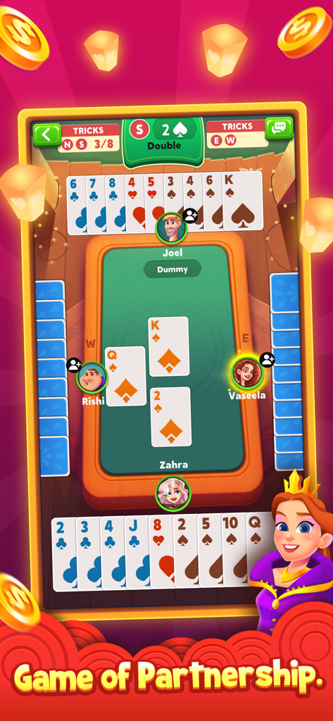 A multiplayer game of Bridge Rubber Bridge showing four players in a partnership match at a virtual table