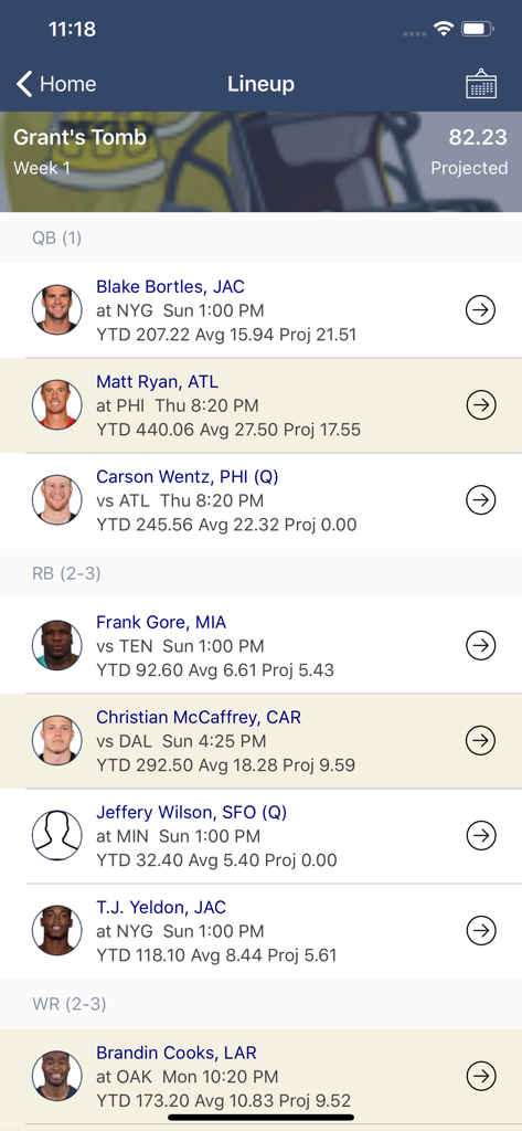 MFL Platinum app showing a fantasy football team lineup with player stats and projections