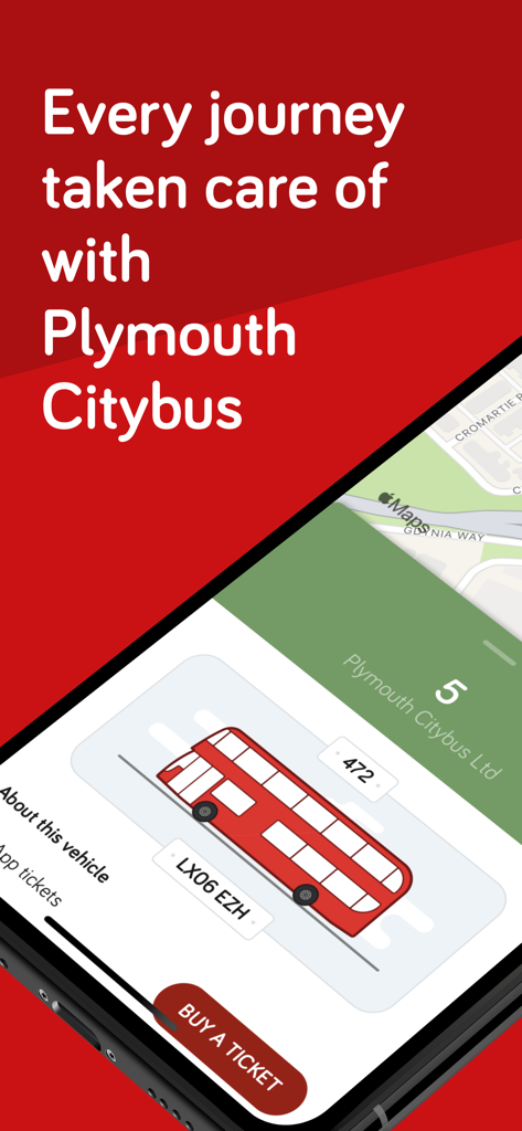 Plymouthbus - Plymouthbus app interface featuring a red double decker bus illustration and a buy ticket button