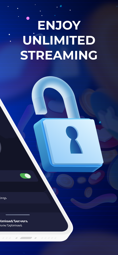 Um ícone de cadeado azul destrancado com o título Aproveite o Streaming Ilimitado para o aplicativo VPN Easy Proxy