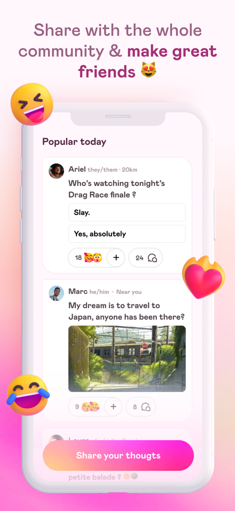 Une capture d'écran du fil d'actualité de l'application sociale Vibes montrant des publications et des sondages populaires de membres de la communauté LGBTQ.