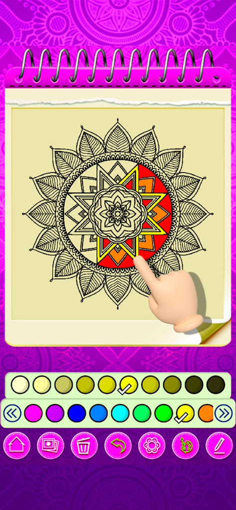 Mandala Coloring 2024 - Interface of the Mandala Coloring 2024 app showing a hand coloring an intricate mandala with vibrant digital palettes.