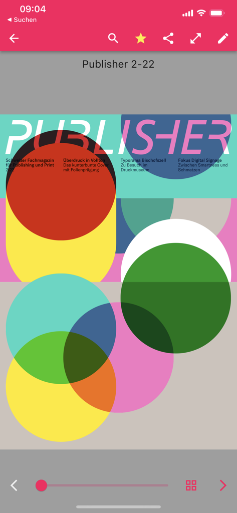 Interface do aplicativo móvel exibindo a capa colorida da revista comercial suíça Publisher
