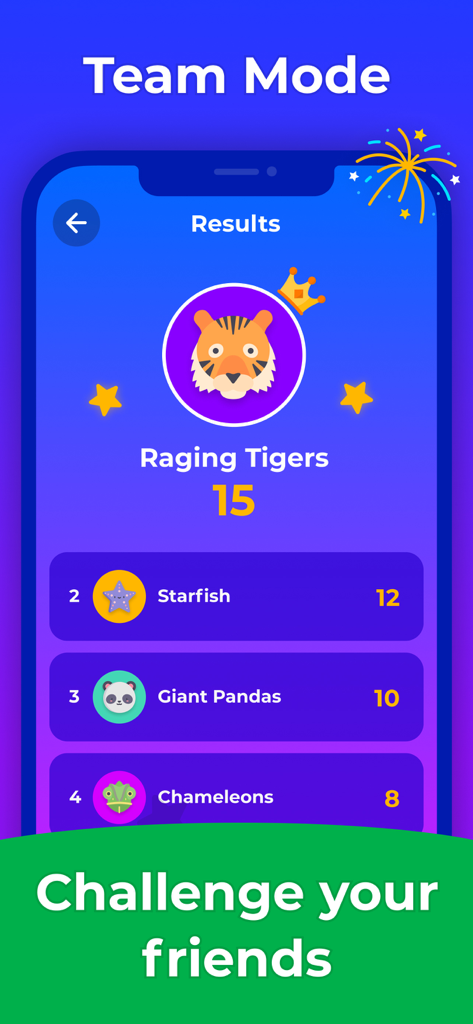 Guess Up app Team Mode scoreboard showing team rankings and scores