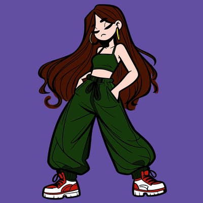 girl in baggy pants crop top and long hair