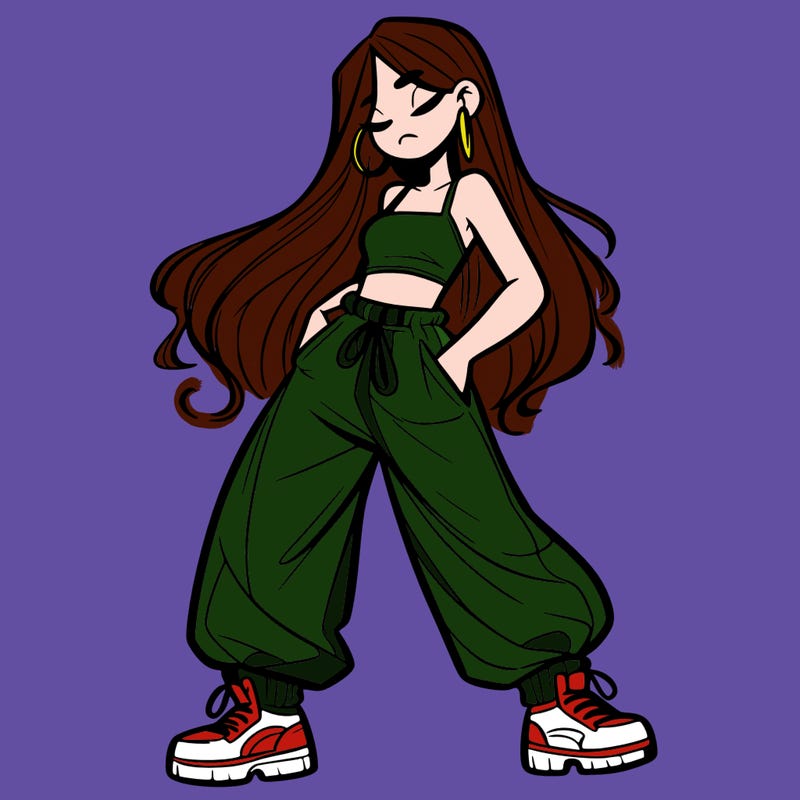 girl in baggy pants crop top and long hair