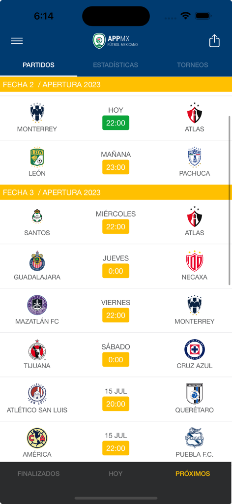 Interfaz de la aplicación móvil AppMX mostrando el calendario de próximos partidos de fútbol de la Liga MX con logotipos de equipos y horarios.