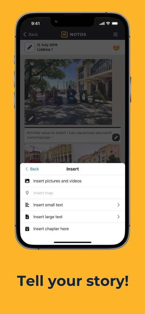 Notos: Photo travel diaries - 사진, 지도, 텍스트를 디지털 여행 일기에 삽입하는 옵션을 보여주는 Notos 앱 인터페이스