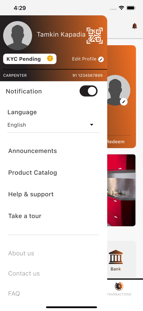 EVERWIN LOYALTY - User profile and navigation menu in the Everwin Loyalty app showing account settings and product catalog.