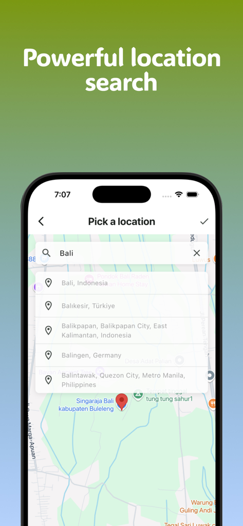 RoamR: AI Itinerary Organizer - A mobile interface for RoamR app showing a location search for Bali with suggested destinations on a map.