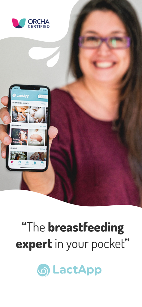 A smiling woman holding a smartphone displaying the LactApp interface with the slogan The breastfeeding expert in your pocket.