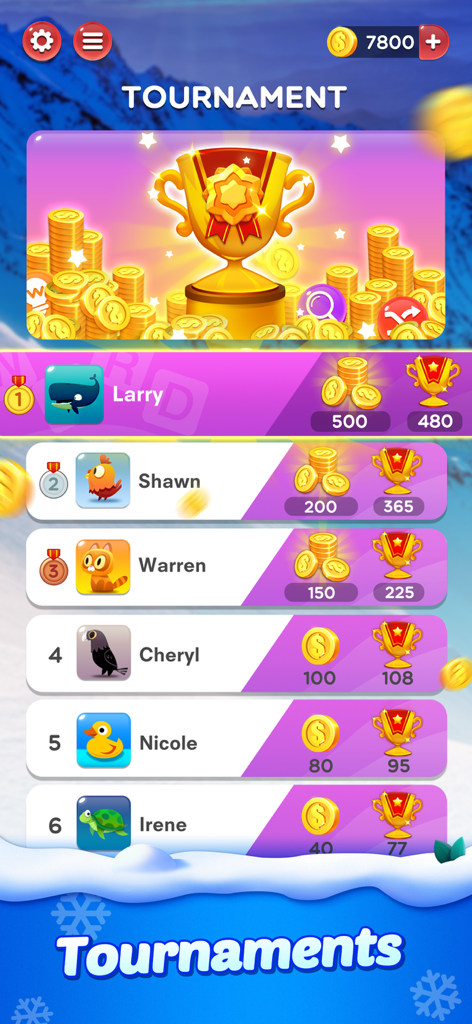 Word Crush® - Fun Puzzle Game - Tournament leaderboard in Word Crush showing top player rankings with golden trophies and coin rewards