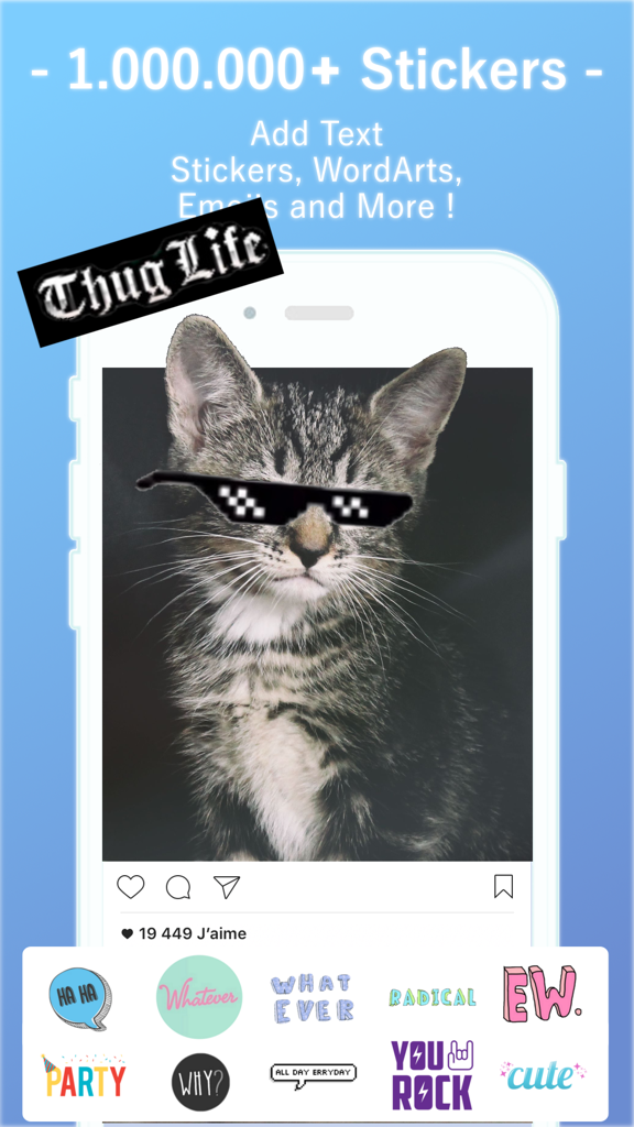 Uma interface de aplicativo de edição de fotos mostrando um gatinho com óculos de sol e vários adesivos coloridos como Festa e Radical.