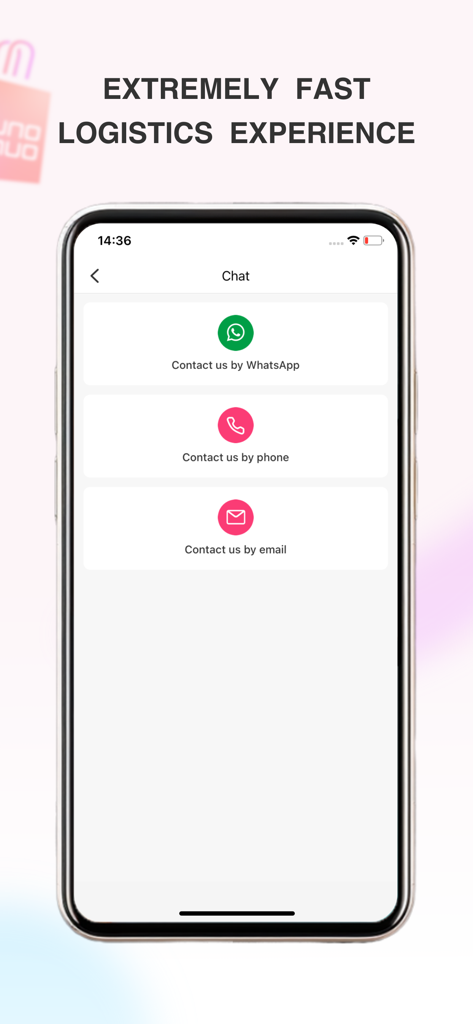 UNOUNO - Shopping Online - Interface de chat do aplicativo UNOUNO com botões de contato por telefone e e-mail do WhatsApp