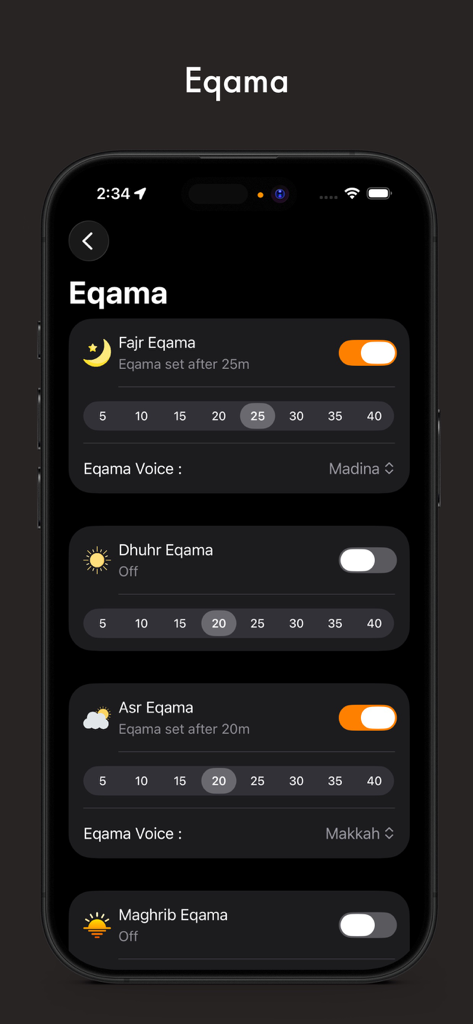 Athan: Full Athan - Pantalla de configuración de alarma Eqama en la aplicación Athan que muestra tiempos de retraso personalizables y selecciones de voz para oraciones diarias en modo oscuro.