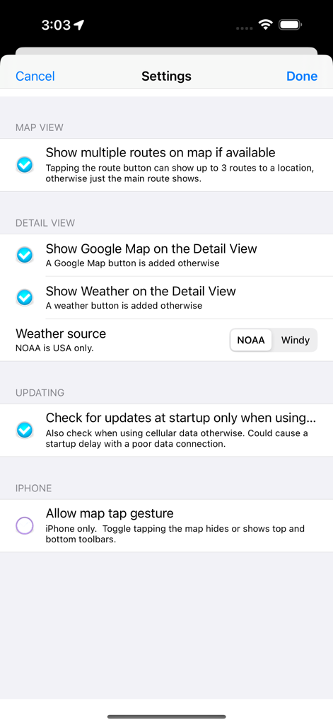 Boondocking - Settings menu of the Boondocking app showing options for map views weather sources and data updates