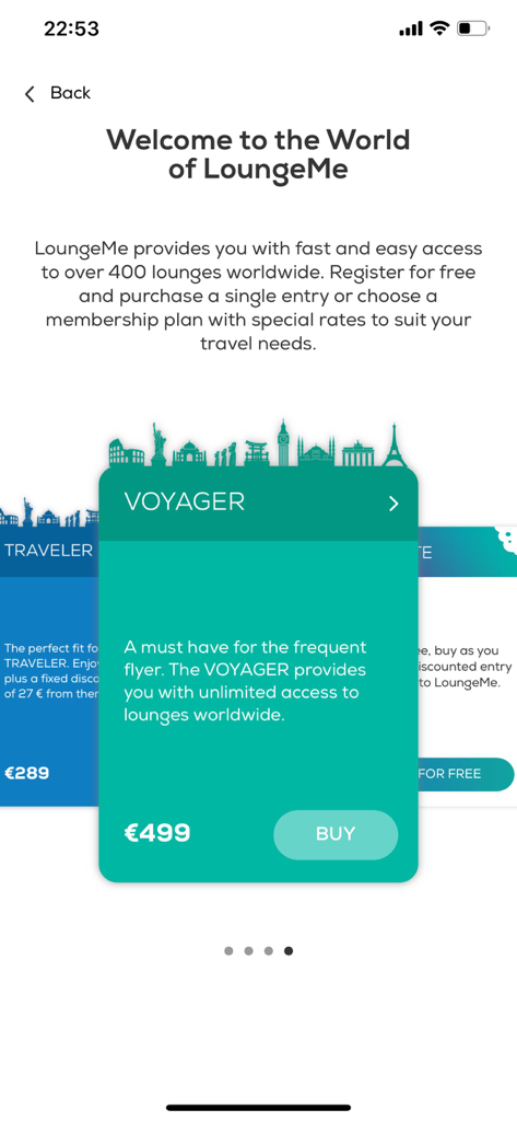 LoungeMe app interface showing the Voyager membership plan with unlimited access to over 400 airport lounges.