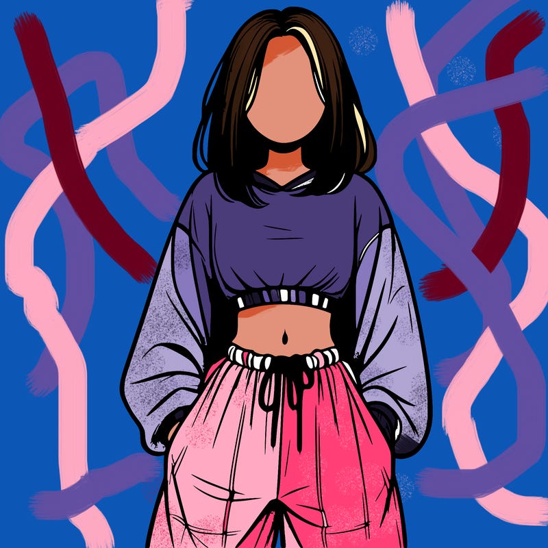 realistic girl faceless with baggy pants and a crop top