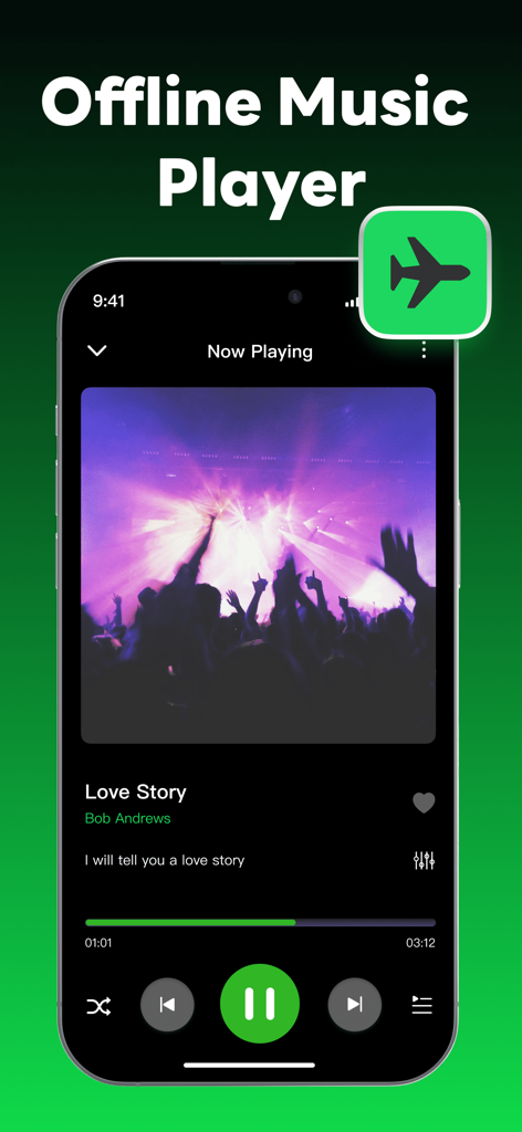 HT Offline Music Player app interface showing the now playing screen with album art and music controls