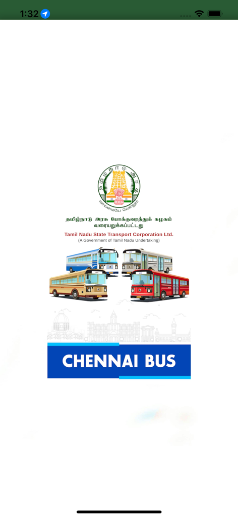 Splash screen of the Chennai Bus app displaying the Tamil Nadu State Transport Corporation logo and an illustration of various city buses.