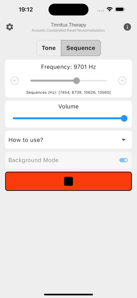 Tinnitus Therapy - ACRN - Interface de l'application Tinnitus Therapy ACRN montrant des curseurs de réglage de fréquence et de volume pour la thérapie sonore acoustique.