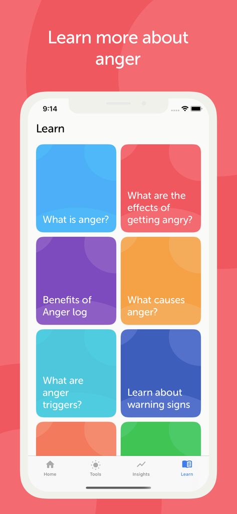 Quit Anger: Anger Management - Educational interface of the Quit Anger app showing various bite-sized lessons on anger causes and triggers.