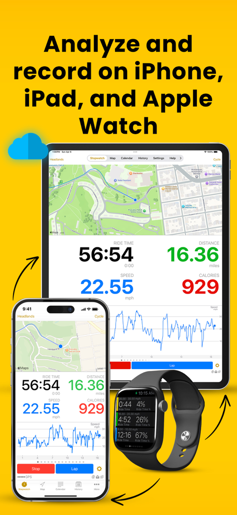 Cyclemeter app interface showing cycling metrics on iPhone iPad and Apple Watch