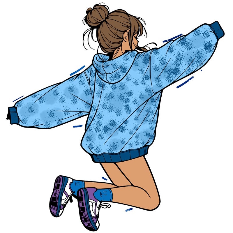 realistic girl jumping with a bun and oversized sweatshirt