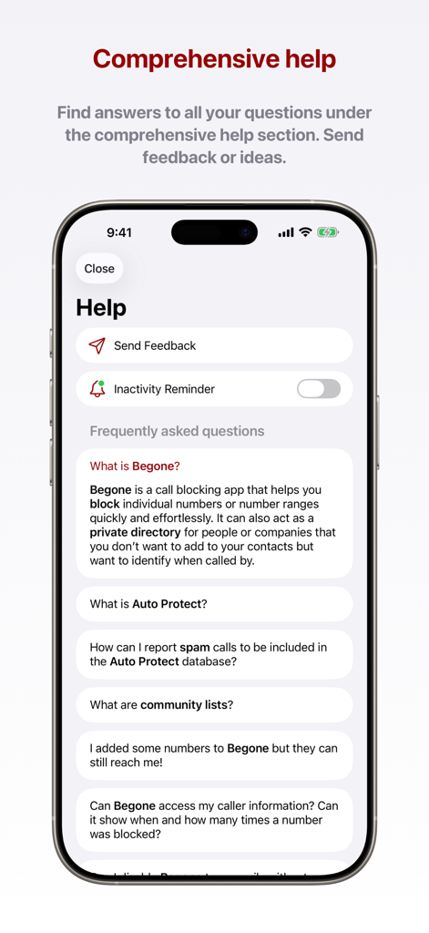 Begone: Spam Call Blocker - Comprehensive help and FAQ section within the Begone spam call blocker app.