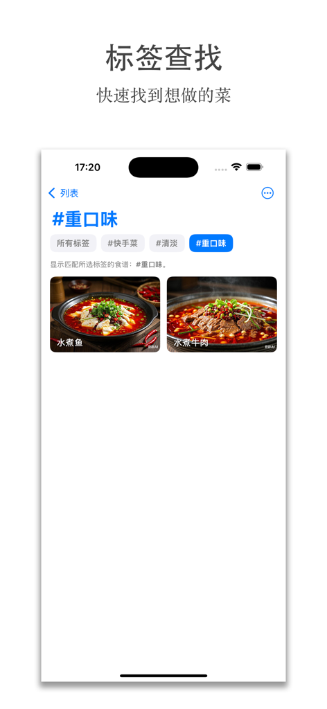 The My Recipes app interface showing recipe organization by tags with results for spicy Chinese dishes.