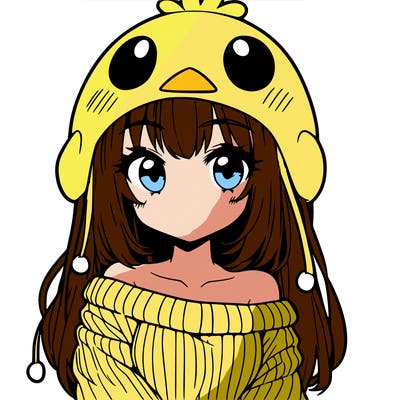 anime girl with chick shaped hat with sweater with bare shoulders with bangs covering them one eye with low tail