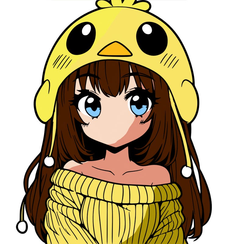 anime girl with chick shaped hat with sweater with bare shoulders with bangs covering them one eye with low tail